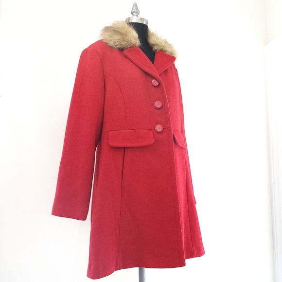 Kate Spade Red Wool Convertable Faux Fur Coat - Picture 6 of 11